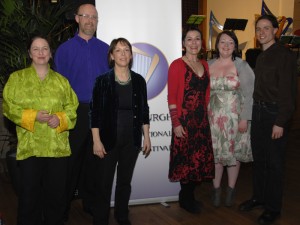 Mary Macmaster, Bill Taylor, Wendy Stewart, Corrina Hewat, Heather Downie and Tristan Le Govic, at the premiere performance during the Edinburgh International Harp Festival on the 12th of April 2011, Merchiston Castle School, Edinburgh